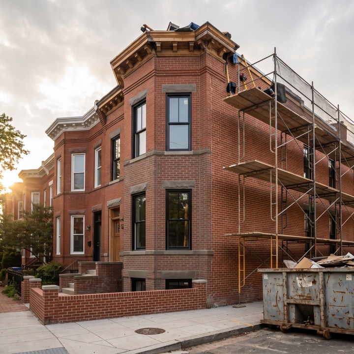 A DMV rowhouse mid-renovation, scaffolding up and a dumpster at the curb.